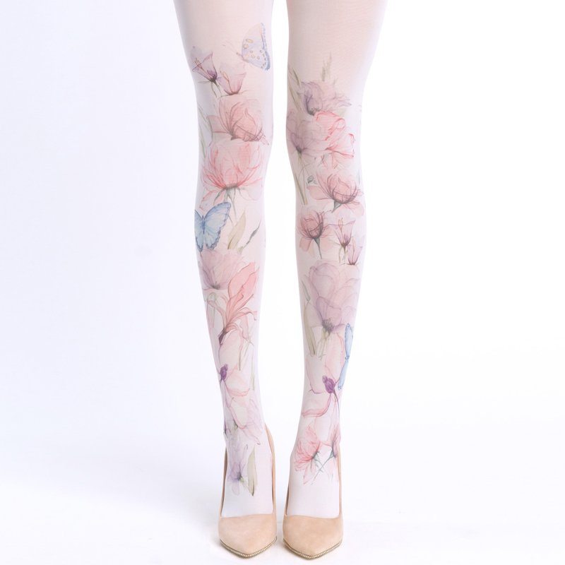Blue Butterfly floral pantyhose, plus size clothing - 內搭褲/緊身褲 - 尼龍 白色