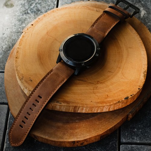 RuslieStraps Crazy Horse Cowhide Chesnut Leather Garmin Watch Band with quick fit