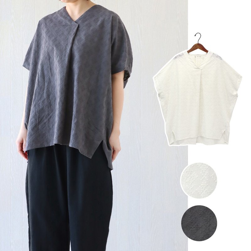 【預訂】印度製 菱格刺繡摺邊襯衫 - 女上衣/長袖上衣 - 棉．麻 灰色