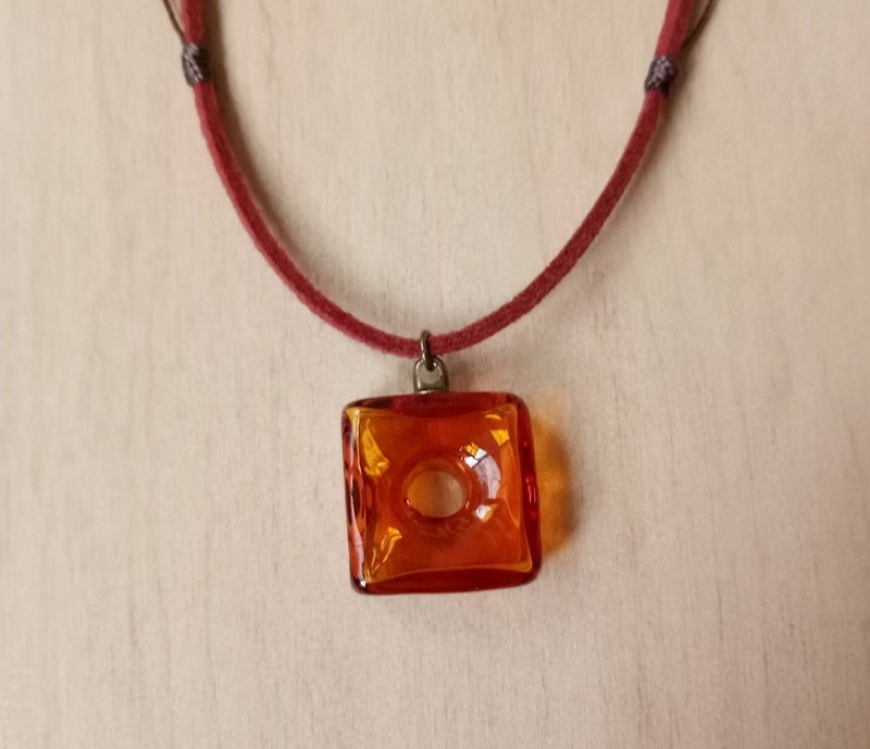 Square amber glass essential oil bottle wine red suede rope - Necklaces - Colored Glass Orange