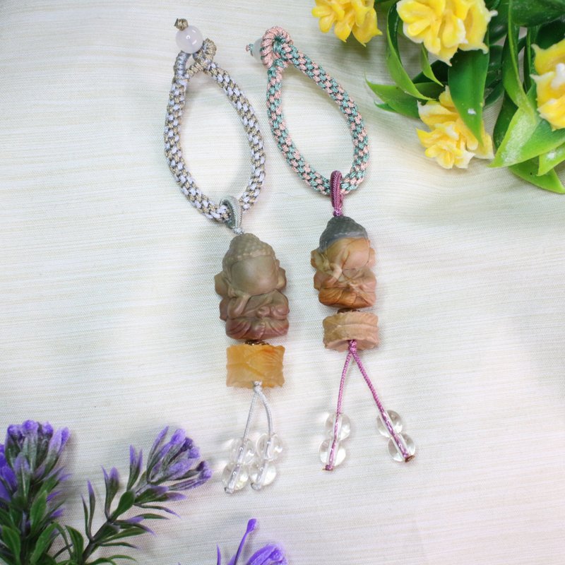 Six Cats Natural Alashan Carved Faceless Baby Buddha Woven Bag Hanging Charm Gift - พวงกุญแจ - หยก 