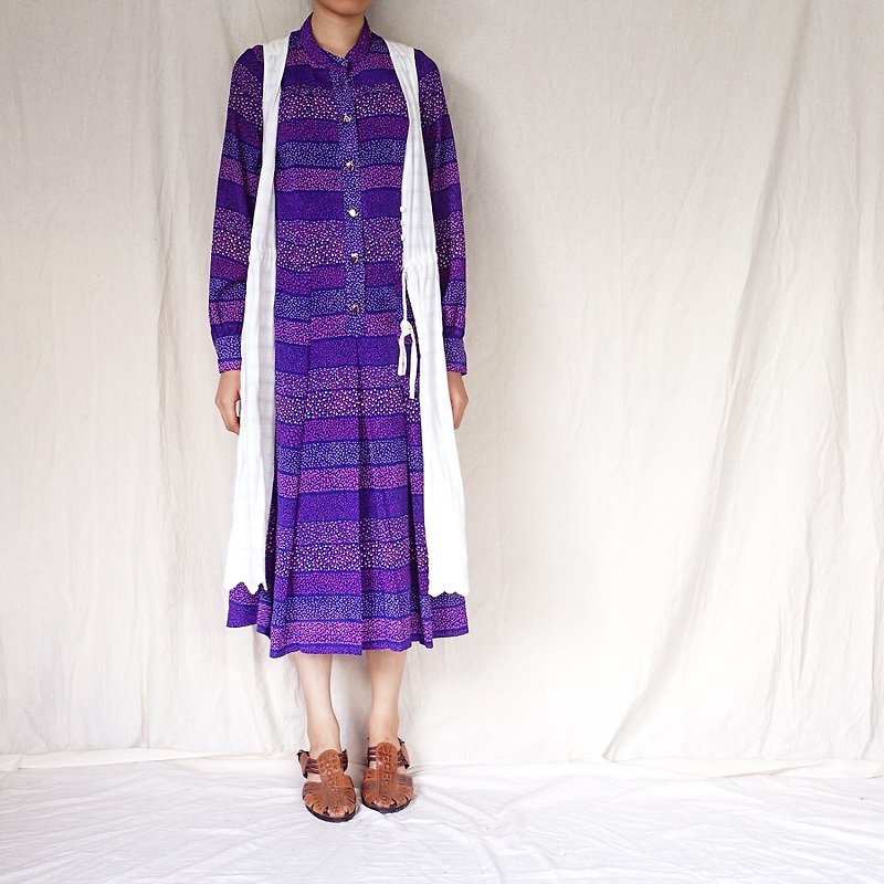 BajuTua/古著/藍紫色碎點點雪紡立領洋裝 - 連身裙 - 聚酯纖維 藍色