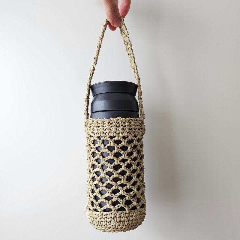 Crochet Handmade Raffia Paper Water Bottle Carrier - Beverage Holders & Bags - Paper Khaki