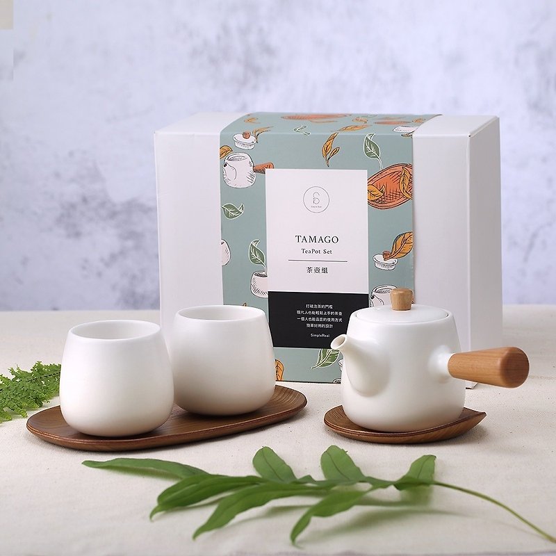 【免運組】TAMAGO茶壺組/含茶壺+兩個雙層陶瓷杯/禮盒/木盤另購 - 茶具/茶杯 - 瓷 白色