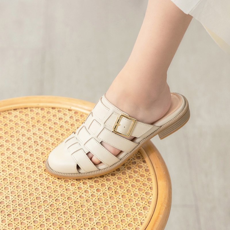 Fisherman Braided Mules - Cream White - รองเท้ารัดส้น - หนังแท้ ขาว