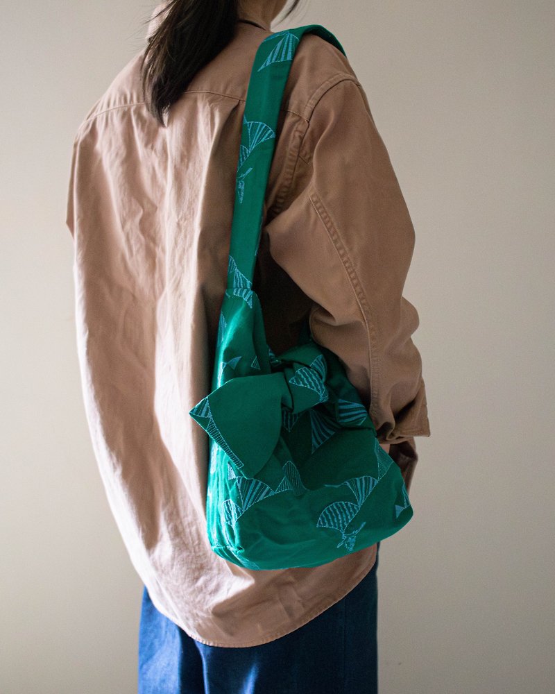 Tie a Knot Shoulder Bag | Green Bird Embroidery - Messenger Bags & Sling Bags - Cotton & Hemp Green