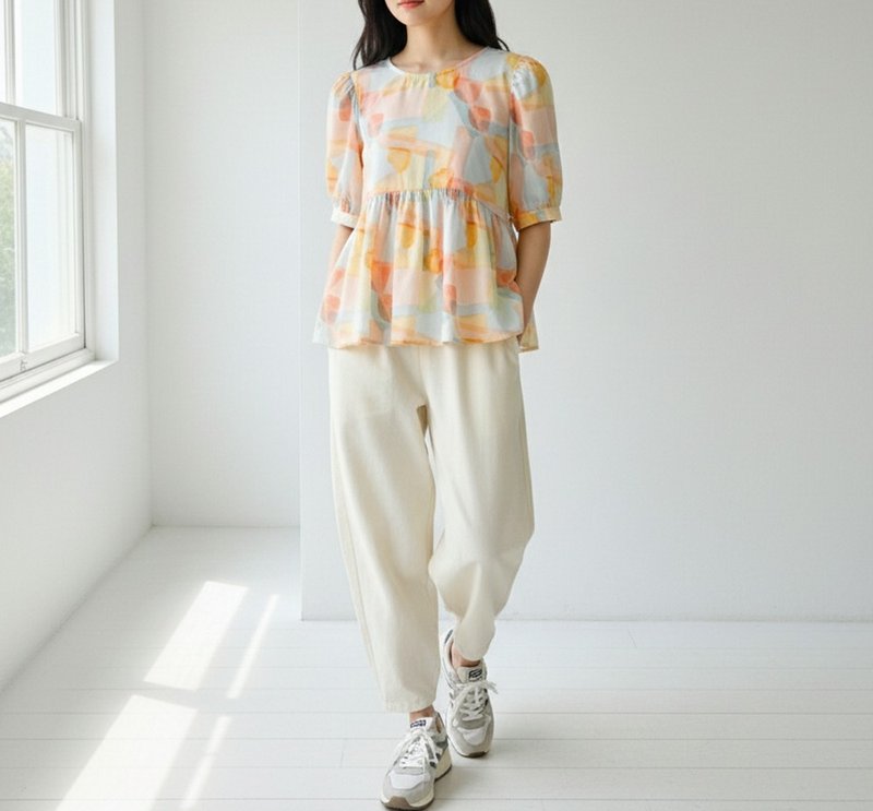 Doll Sleeve Cotton Shirt, Watercolor, Yellow Tones - 女上衣/長袖上衣 - 棉．麻 黃色