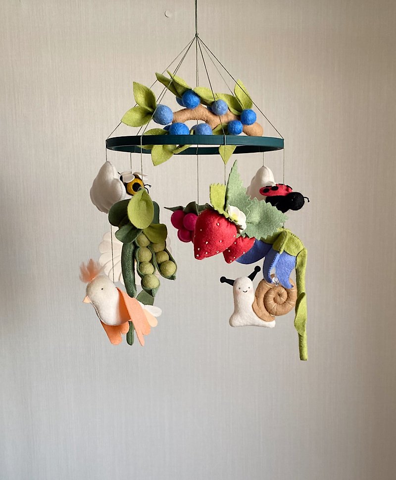 Girl baby mobile- Little Raspberry- forest flowers- green peas- bee and ladybug - Bedding - Eco-Friendly Materials Multicolor