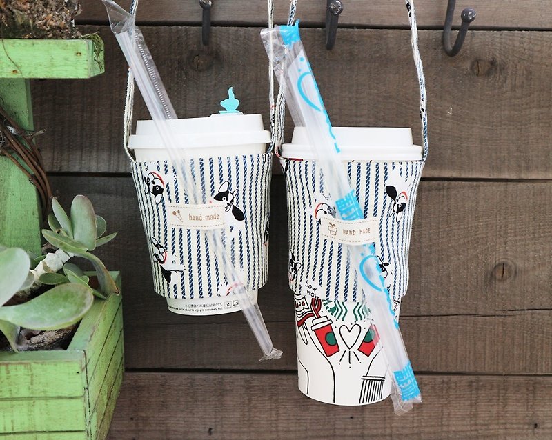 Drink bag ~ stripe bucket (white) - ถุงใส่กระติกนำ้ - ผ้าฝ้าย/ผ้าลินิน 