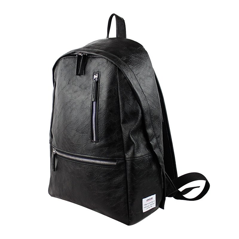 AMINAH-Black double-chain leather backpack [am-0296] - กระเป๋าเป้สะพายหลัง - หนังเทียม สีดำ