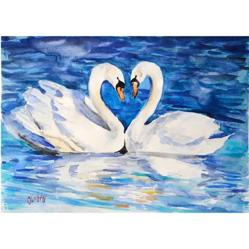 白鳥の絵画オリジナルアート鳥のアートワークカップル白鳥水彩画