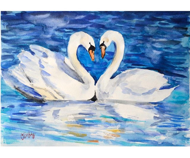 白鳥の絵画オリジナルアート鳥のアートワークカップル白鳥水彩画