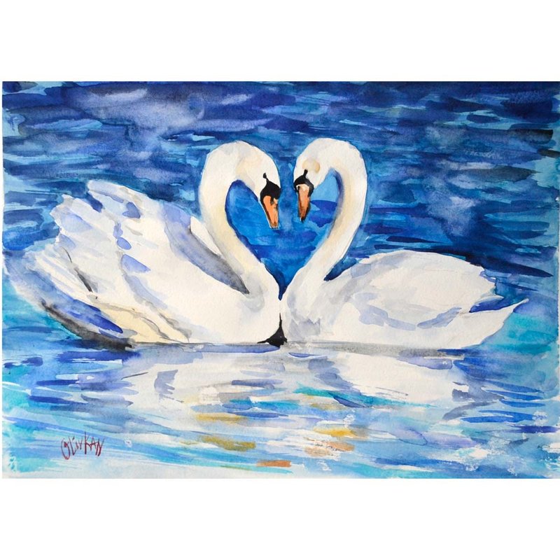 Swan Painting Original  Art Bird Artwork Couple Swan Watercolor Art - 海報/掛畫/掛布 - 環保材質 藍色