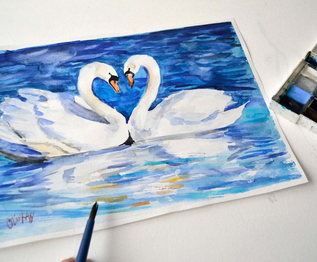 白鳥の絵画オリジナルアート鳥のアートワークカップル白鳥水彩画
