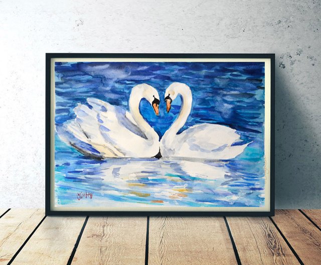 白鳥の絵画オリジナルアート鳥のアートワークカップル白鳥水彩画