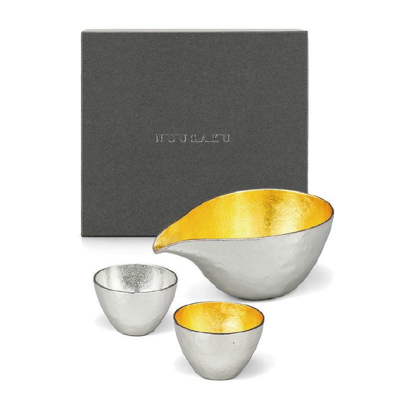 清酒具禮盒 (金箔片口盅-M+清酒對杯) - 酒杯/酒器 - 貴金屬 銀色