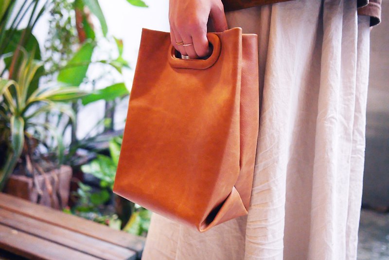 手提皮革購物袋 - 手袋/手提袋 - 真皮 橘色