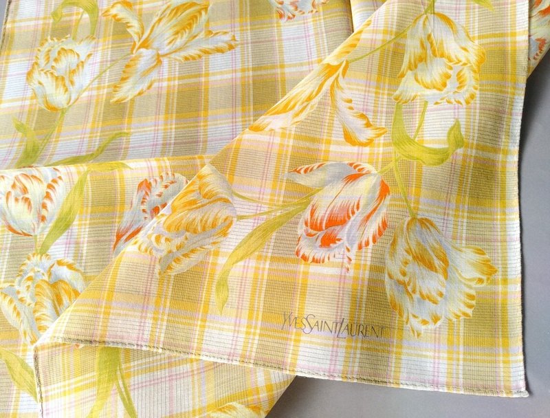 Yves Sain tLaurent Vintage Handkerchief Women Yellow Tulips 21.5 x 21 inches - 手帕 - 棉．麻 黃色