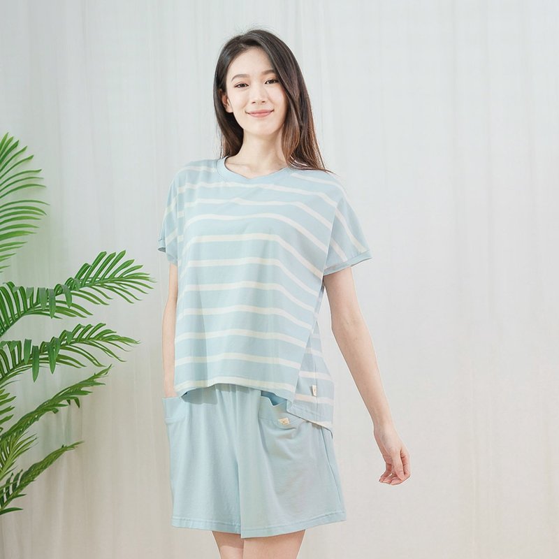 寬版落肩短袖居家服-UMORFIL-晴空水藍 - 睡衣/居家服 - 棉．麻 藍色