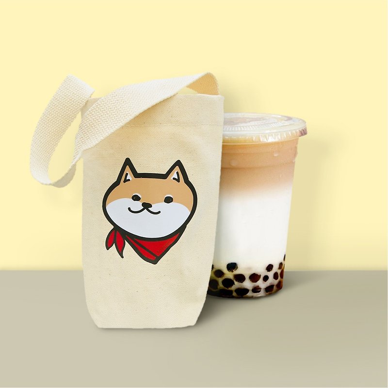 Dog pattern Cotton Tote Bag  initial personalize Coffee cup tote bag - ถุงใส่กระติกนำ้ - วัสดุอื่นๆ สีกากี