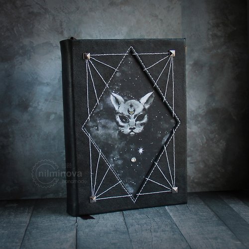 nilminova Moon cat journal Spell Book of shadows Black cat celestial Book of spells Occult