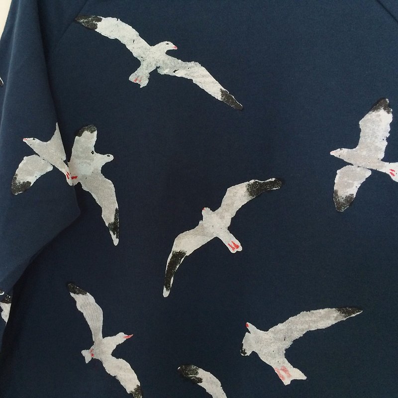 Seagull Birds Pattern /Long Sleeve Top Shirt // Dark Blue Sweatshirt - Women's Sweaters - Cotton & Hemp Blue