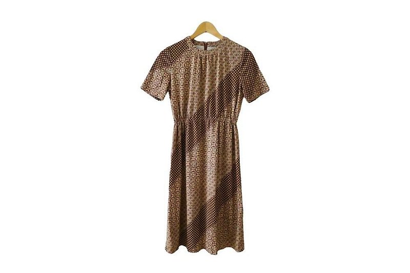 60s Aztec Oriental Short sleeve mini dress, tea dress, polkadot flower printed - One Piece Dresses - Wool Brown