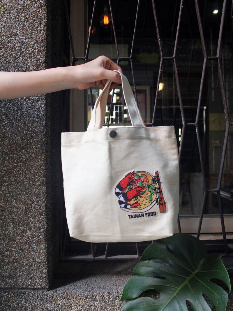 Embroidered Tote Bag | Snack Series - Shrimp Rice, Floating Fish Soup, Beef Soup, Shrimp Roll | Wen Yi Qing Nian - Handbags & Totes - Cotton & Hemp Multicolor