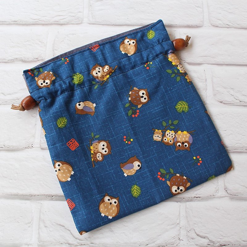 Owl Drawstring Bag Storage Bag Cosmetic Bag - กระเป๋าเครื่องสำอาง - ผ้าฝ้าย/ผ้าลินิน สีน้ำเงิน