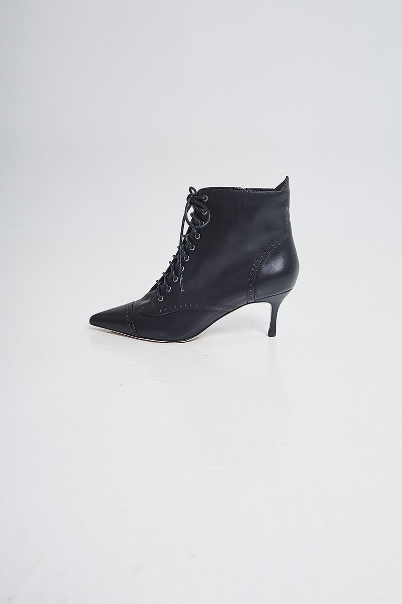 Tie-tip pointed stiletto boots black - High Heels - Genuine Leather Black