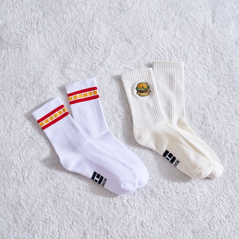 Four Foods and Five Breakfast Shop cotton socks thick-soled towel mid-calf socks classic logo embroidered burger pattern - Socks - Cotton & Hemp 