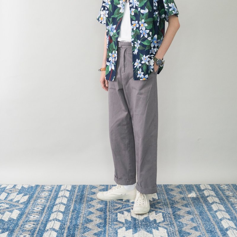 日系搭配 巴黎扣復古休閒褲 斜紋布9分寬松直筒垂感工裝褲男女 - 男長褲/休閒褲 - 棉．麻 灰色