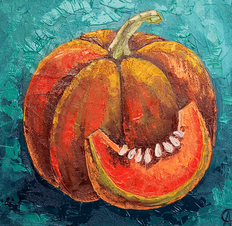Pumpkin Painting Food Original Art Vegetable Artwork Kitchen Wall Decor Farm - Posters - Other Materials Orange