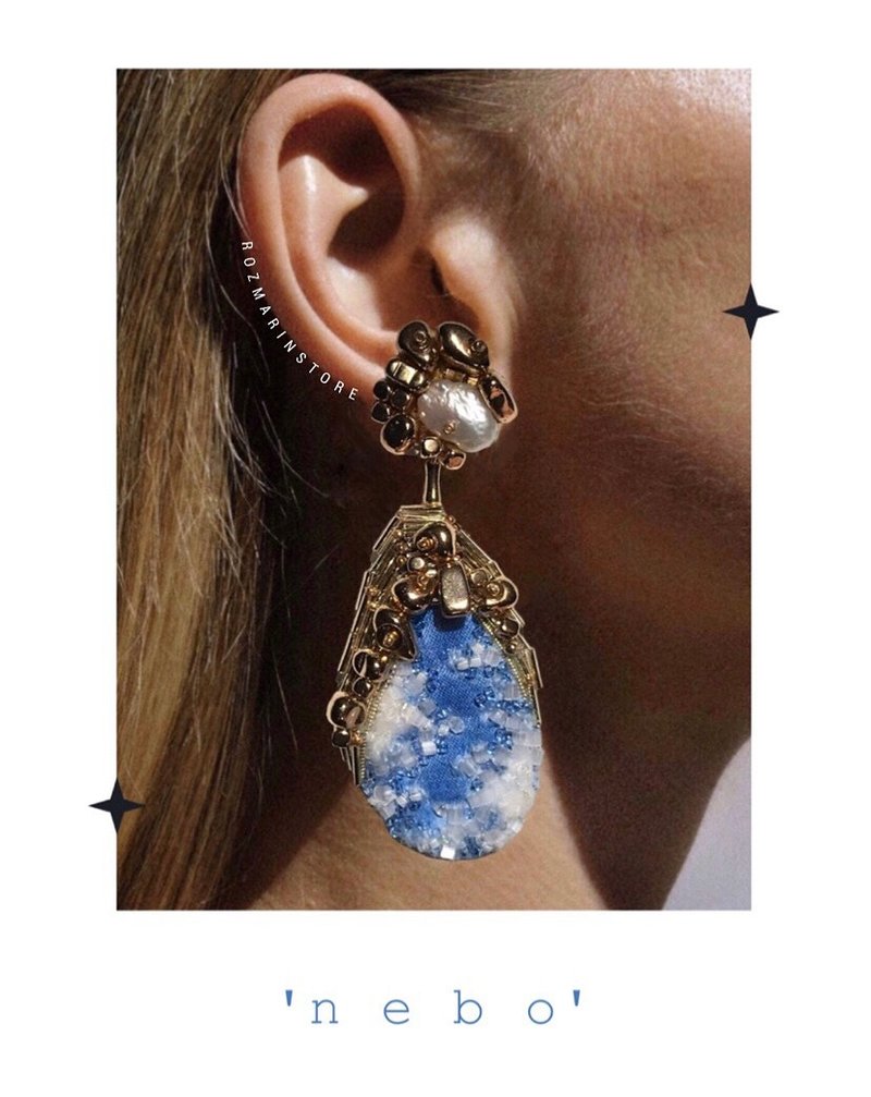 Sky Beaded Earrings Aerial Jewelry - 耳環/耳夾/耳骨夾 - 繡線 藍色