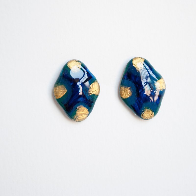 TeaTime Japanese style diamond flower / dark blue dark green + gold / earrings winter limited - Earrings & Clip-ons - Clay 
