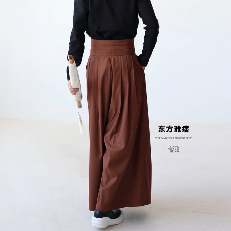 Luanshanhun Oriental yuppie new Chinese style original multi-pleated dark caramel color detachable waist trousers skirt autumn and winter - Men's Pants - Other Materials 