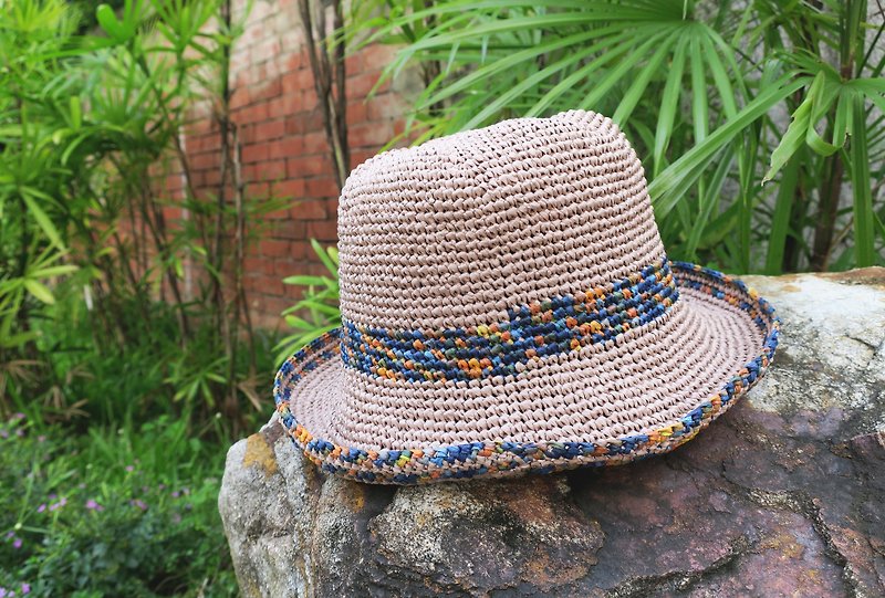 Armor hat - summer rafei hat - retro square fisherman hat / paragraph color matching / khaki x blue colorful / design limited section / picnic / gift - Hats & Caps - Paper Multicolor