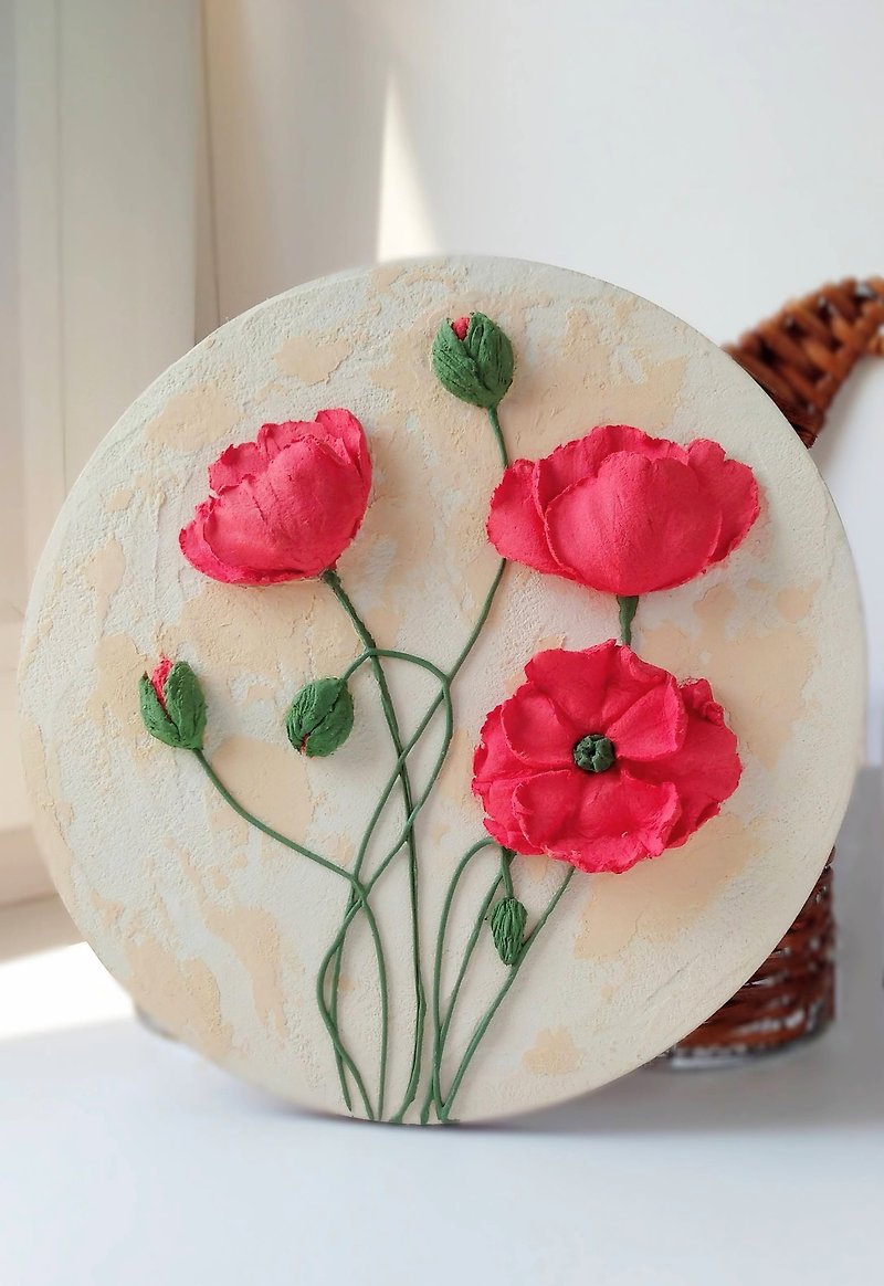 罌粟花 Floral painting with 3D red poppies Wildflower painting Mom gift Home decor - ตกแต่งผนัง - วัสดุอื่นๆ สีแดง