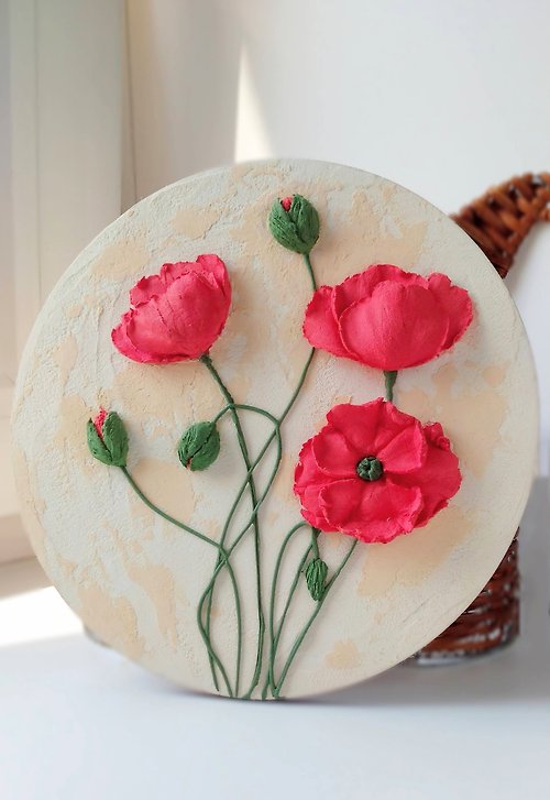 YourFloralDreams 罌粟花 Floral painting with 3D red poppies Wildflower painting Mom gift Home decor