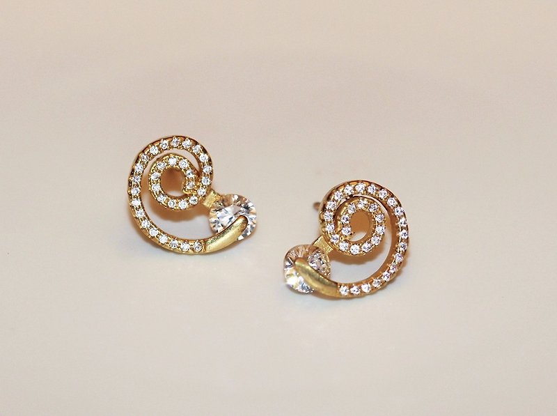 漩渦黃銅鋯石耳環 - 耳環/耳夾 - 寶石 白色