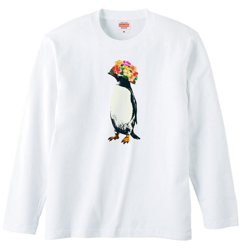 ロングスリーブTシャツ / flower penguin - 男 T 恤 - 棉．麻 白色