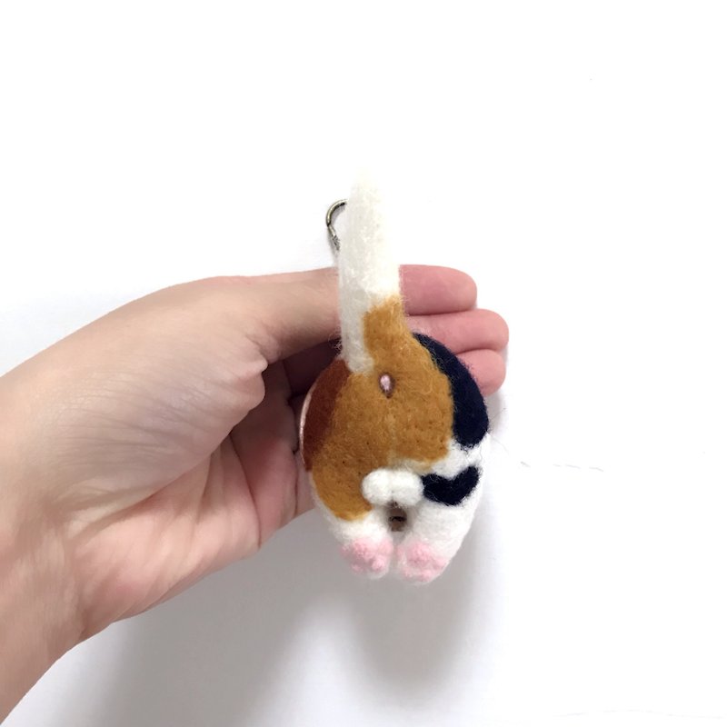 Fat roast chicken butt _ three-color cat _ leather wool felt key ring _ free stamped 10 English letters - Keychains - Wool Multicolor