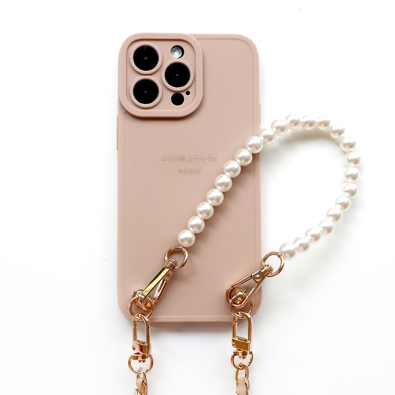 iPhone15/14/13/12 Paris pink skin pearl small fragrance gold chain mobile phone case - เคส/ซองมือถือ - พลาสติก สึชมพู