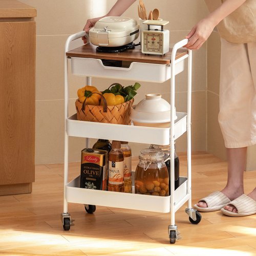 Lazy corner three-tier wooden top drawer storage trolley-DIY