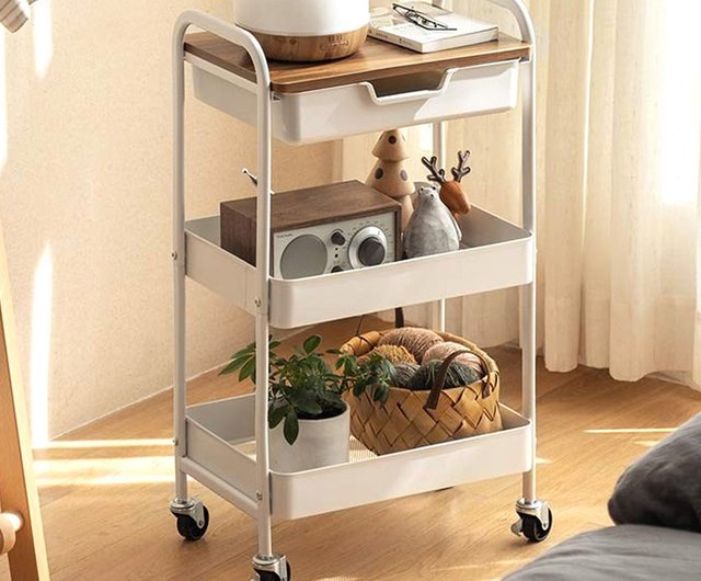 Lazy corner three-tier wooden top drawer storage trolley-DIY