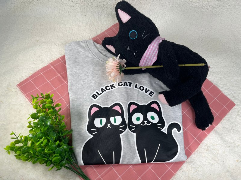 Double Q black cat heavy cotton T (20% donated to charity) - เสื้อยืดผู้หญิง - ผ้าฝ้าย/ผ้าลินิน สีเทา