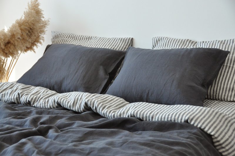 Charcoal double-sided linen duvet cover / Softened linen / Comforter cover - 寢具/床包 - 亞麻 灰色