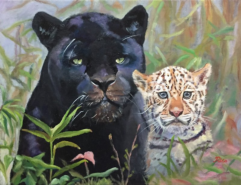 Original hand-painted oil painting - Black Panther and Leopard cub - โปสเตอร์ - ผ้าฝ้าย/ผ้าลินิน 