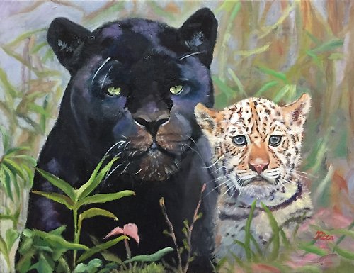 回音草原 原創手繪油畫-黑豹與小花豹Black Panther and Leopard cub