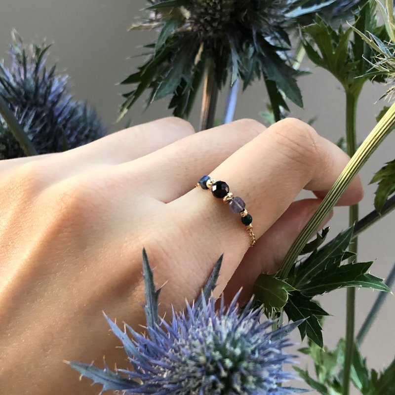 [November・Purple Thistle] Different color floating | Hematite and Stone chain ring with adjustable length - แหวนทั่วไป - เครื่องเพชรพลอย สีน้ำเงิน